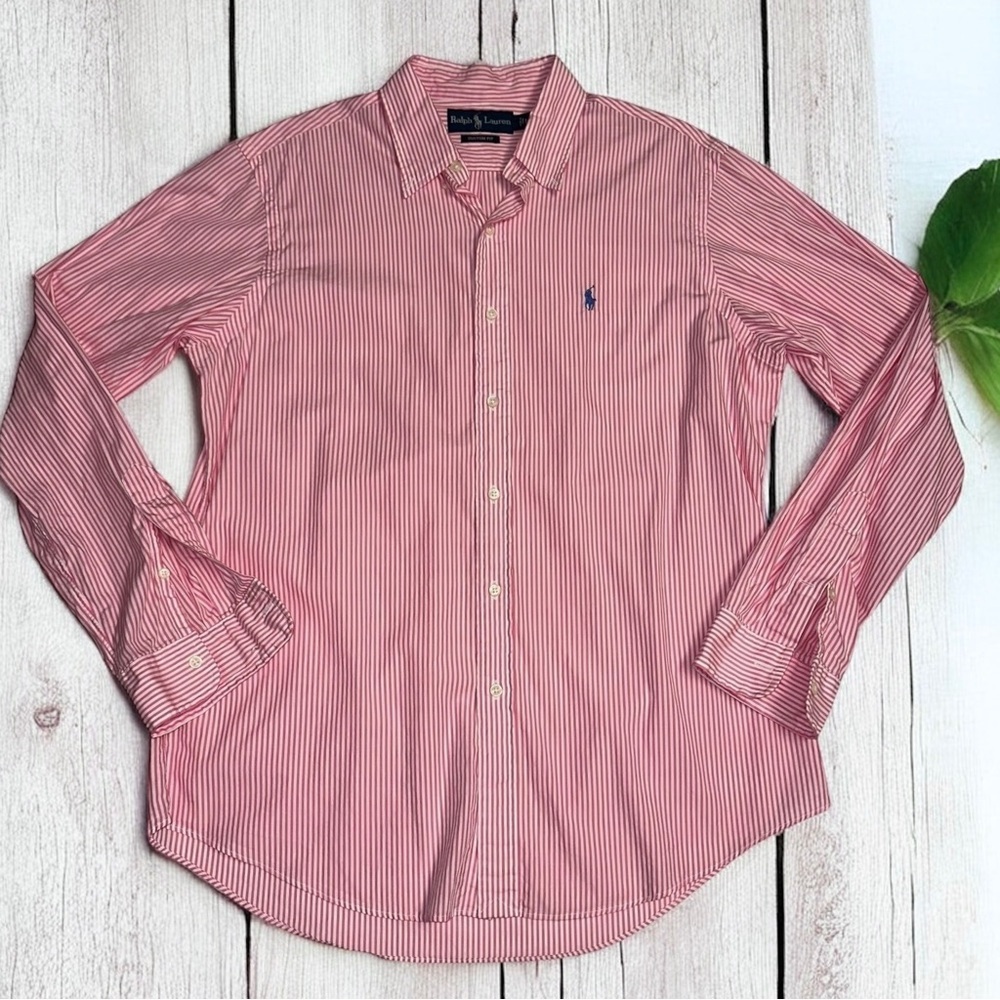Ralph Lauren Shirt Mens 100% Cotton Pink & White Striped Casual Button Down Sz L - Picture 2 of 7